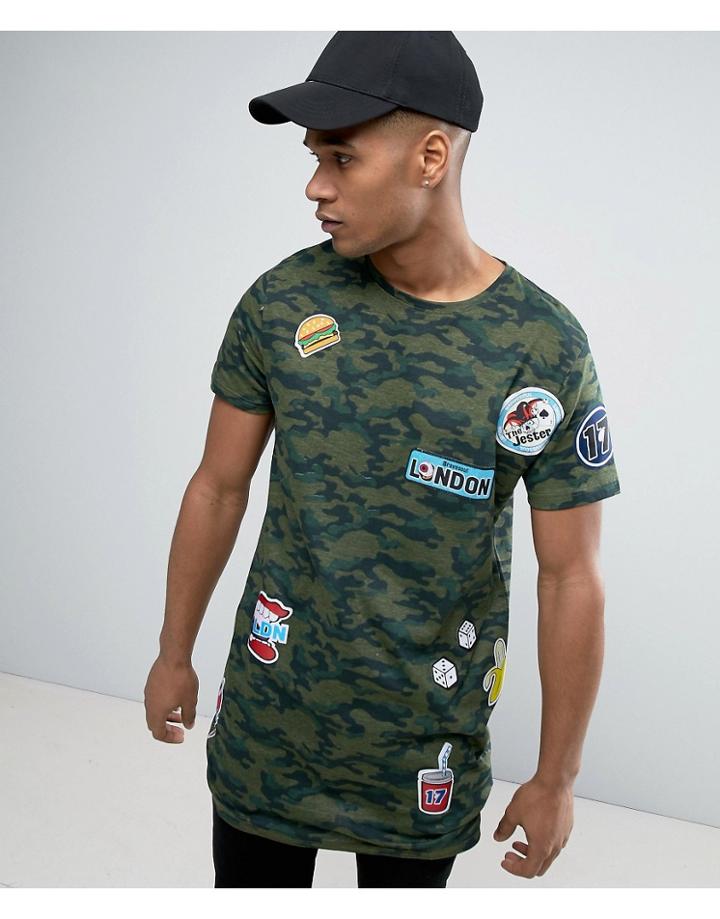 Brave Soul Longline Camo Badged T-shirt - Green