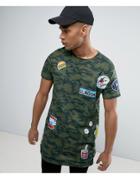 Brave Soul Longline Camo Badged T-shirt - Green