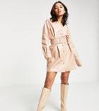 Missguided Petite Leather Look Belted Mini Dress With Belt In Beige-neutral