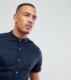 Asos Design Tall Slim Fit Linen Mix Shirt With Grandad Collar In Navy - Navy