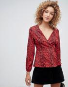 Influence Leopard Print Wrap Blouse - Red