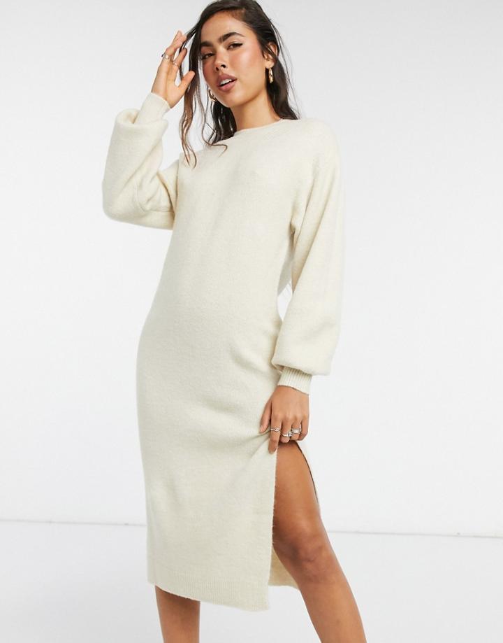 Asos Design Crew Neck Midi Dress With Volume Sleeve-white
