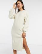 Asos Design Crew Neck Midi Dress With Volume Sleeve-white