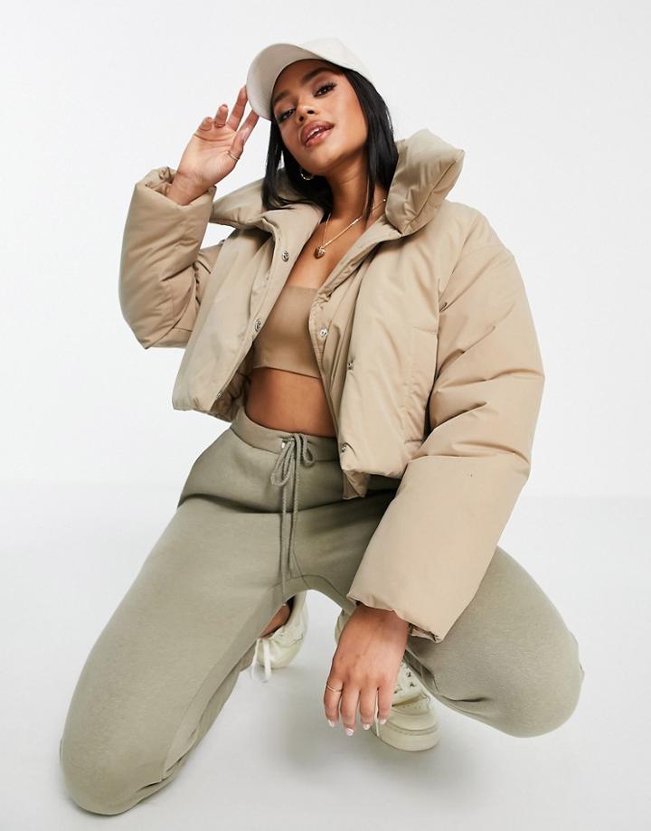 Asos Design Luxe Collar Cropped Puffer Jacket In Camel-neutral