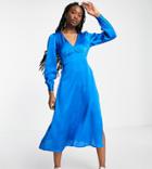 Stradivarius Long Sleeve Midi Satin Dress In Cobalt Blue