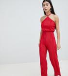 John Zack Petite High Neck Wide Leg Jumpsuit - Red