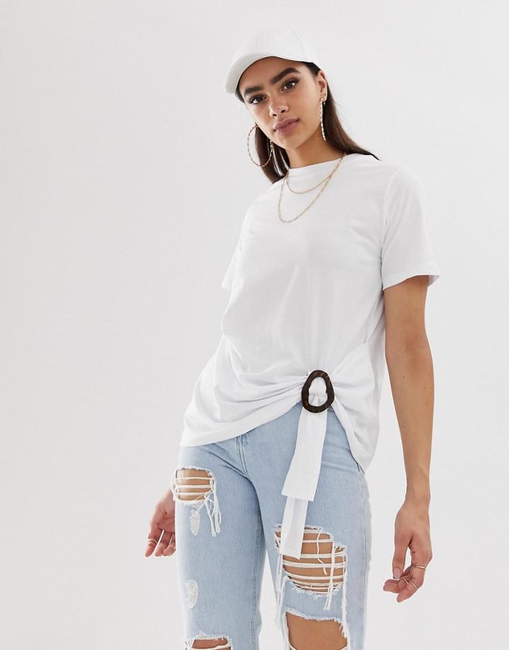 Asos Design T-shirt With Twist Side And Horn Ring Detail - White