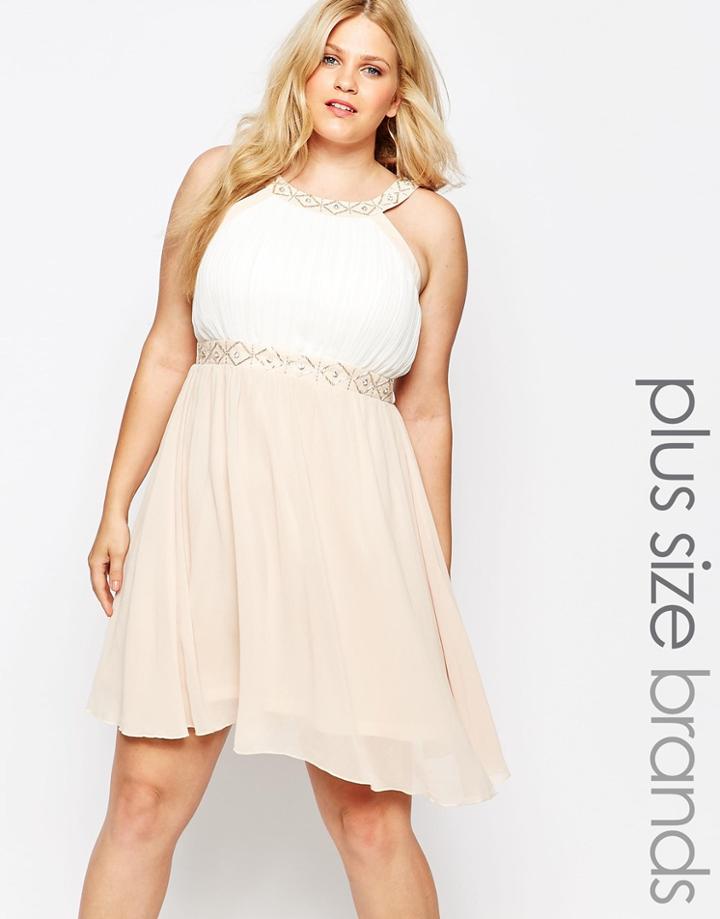 Praslin Plus Size Skater Dress With Embellished Neckline And Waist - Beige