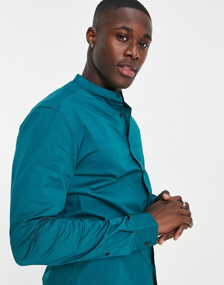 Asos Design Slim Shirt With Grandad Collar In Teal-green