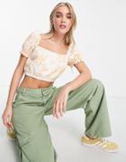 Abercrombie & Fitch Ruched Crop Top In Floral Print-white