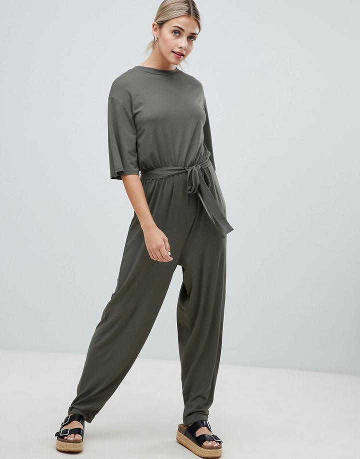 Asos Design T-shirt Jumpsuit With Tie Waist - Green