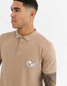 Asos Design Polo With Chest Emblem Print In Beige
