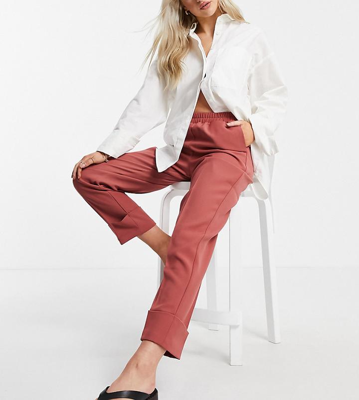 Y.a.s Petite Coordinating Suit Pants With Elasticized Waist And Turn Up In Dark Pink-red