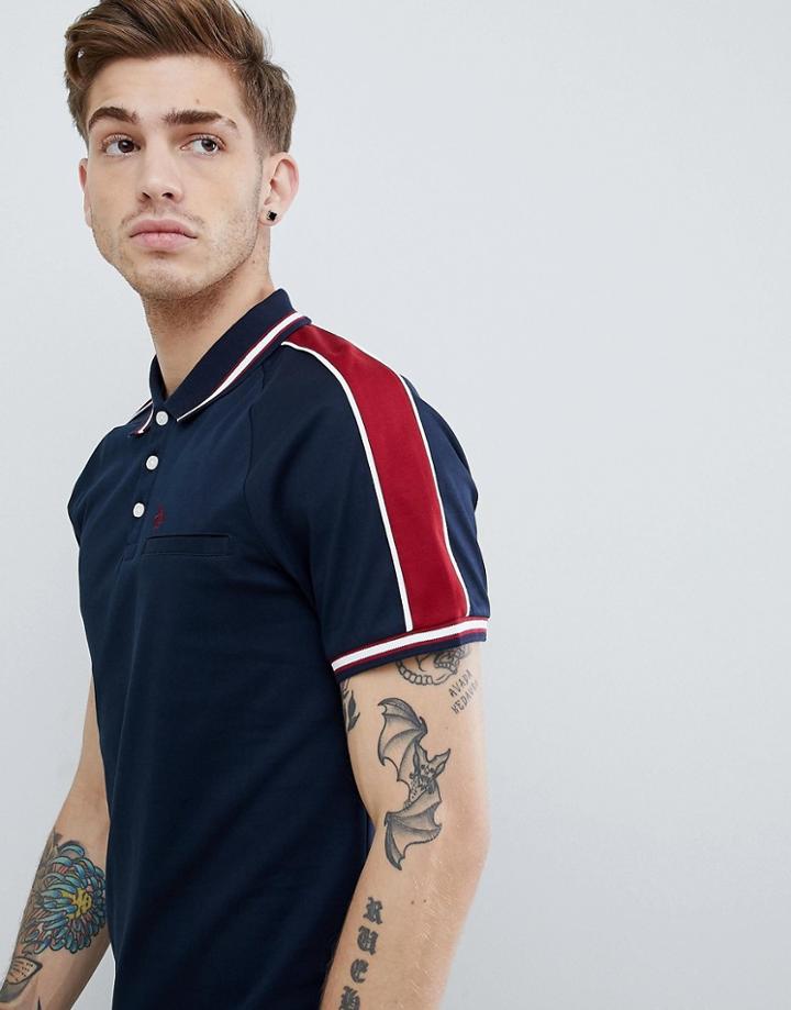 Original Penguin Retro Bowling Sleeve Stripe Polo Small Logo In Navy - Navy