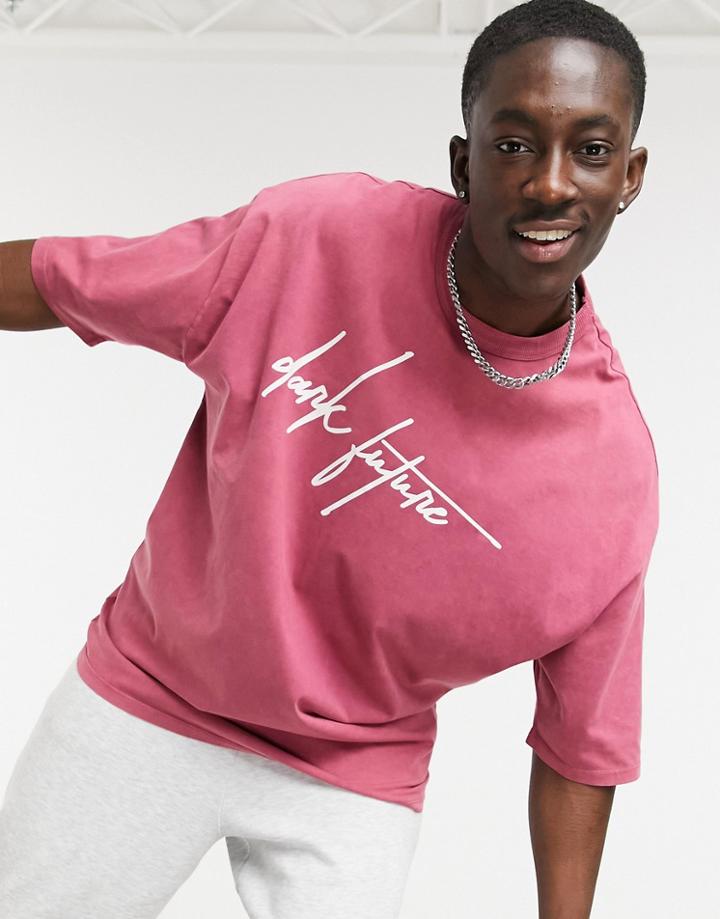 Asos Dark Future Oversized T-shirt In Washed Red With Logo