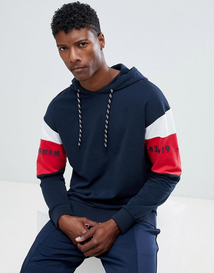 Jack & Jones Core Hoodie With Arm Panel Stripe - Navy