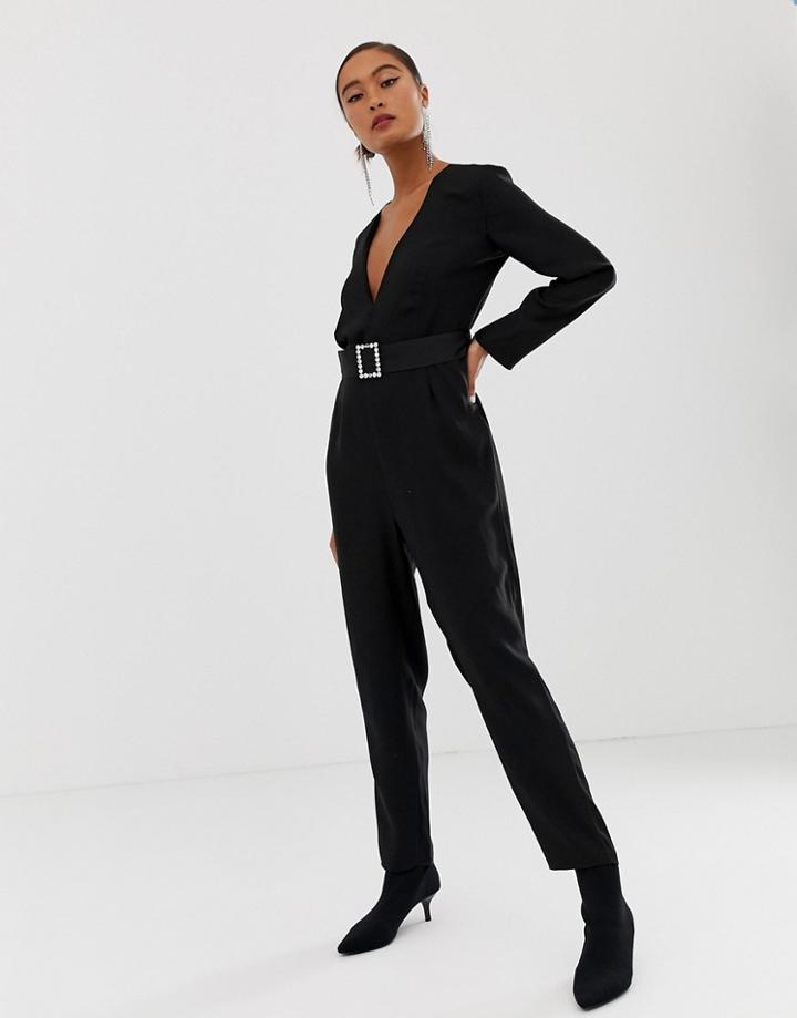 Miss Selfridge Jumpsuit With Buckle Belt In Black - Black