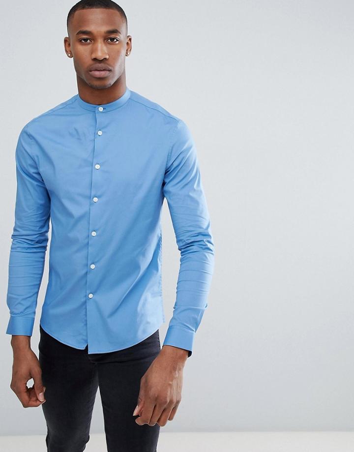 Asos Design Skinny Shirt With Grandad Collar In Mid Blue - Blue