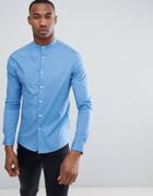 Asos Design Skinny Shirt With Grandad Collar In Mid Blue - Blue