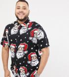 Asos Design Plus Christmas Regular Fit Santa Print Shirt In Black - Multi