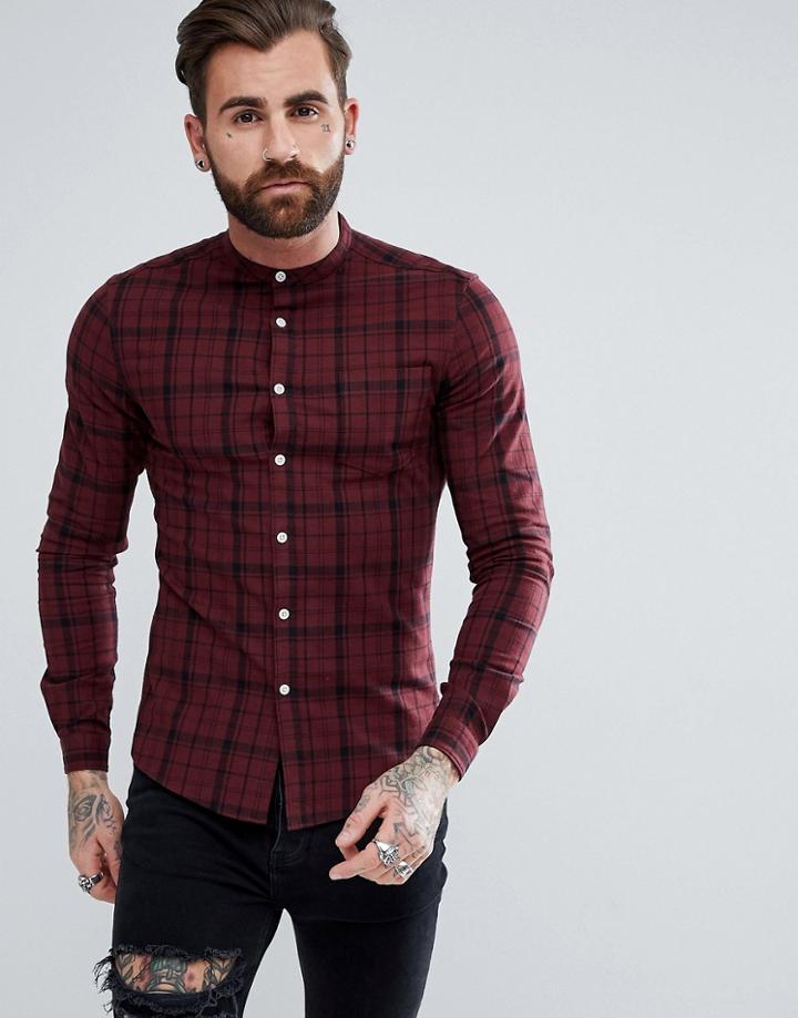 Asos Skinny Twill Check Shirt With Grandad Collar - Red