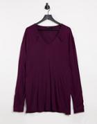 Asos Design Long Sleeve Relaxed Viscose T Shirt With Deep V Neck In Burgundy-red