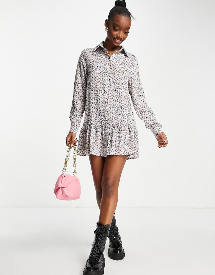 Ax Paris Mini Shirt Dress In Ditsy Gray Print