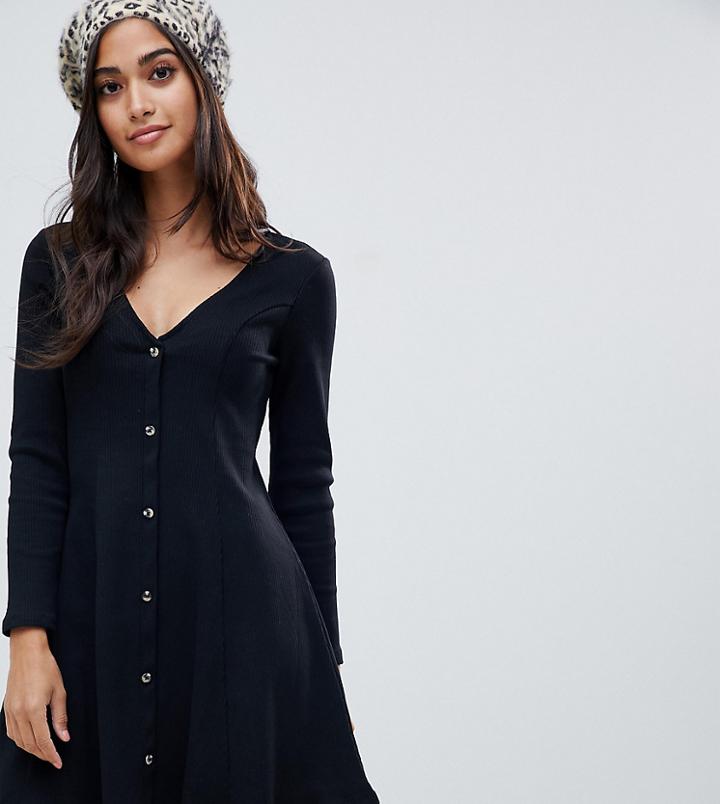 Asos Design Petite Button Through Rib Tea Dress - Black