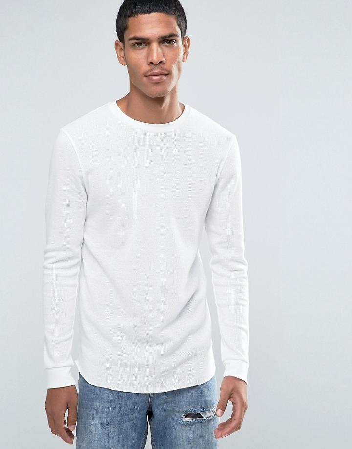 Asos Pique Longline Long Sleeve T-shirt With Curve Hem In Off White - Cream