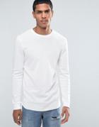 Asos Pique Longline Long Sleeve T-shirt With Curve Hem In Off White - Cream