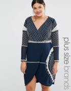 Lovedrobe Long Sleeve Plunge Mini Dress With Patterned Beaded Embellishment - Navy