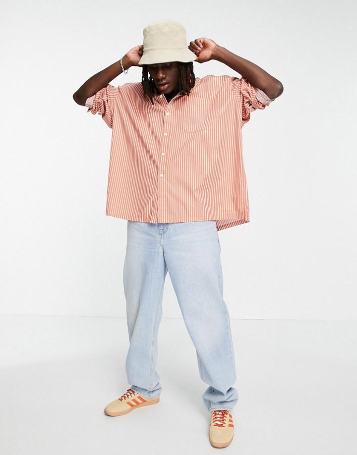 Asos Design Super Oversized Stripe Shirt In Brown With Chest Pocket