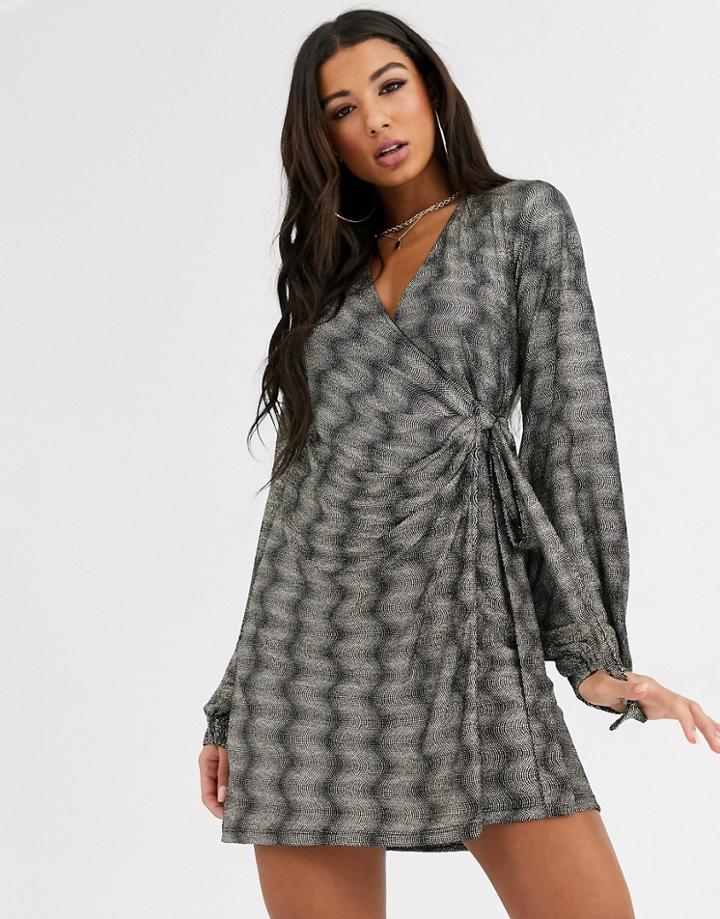 Asos Design Long Sleeve Sparkle Wrap Mini Dress-black