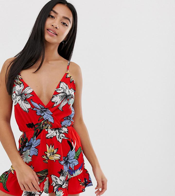 Parisian Petite Cami Strap Romper In Floral Print-red