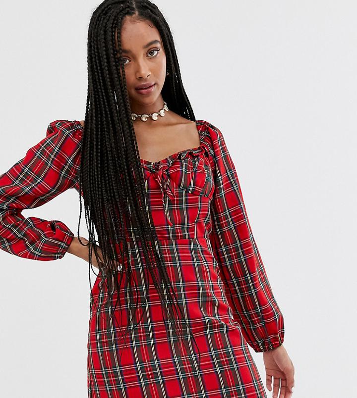 Wild Honey Square Neck Tea Dress With Structured Bodice In Plaid
