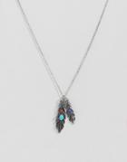 Asos Design Necklace With Feather And Stones In Burnished Silver - Silver