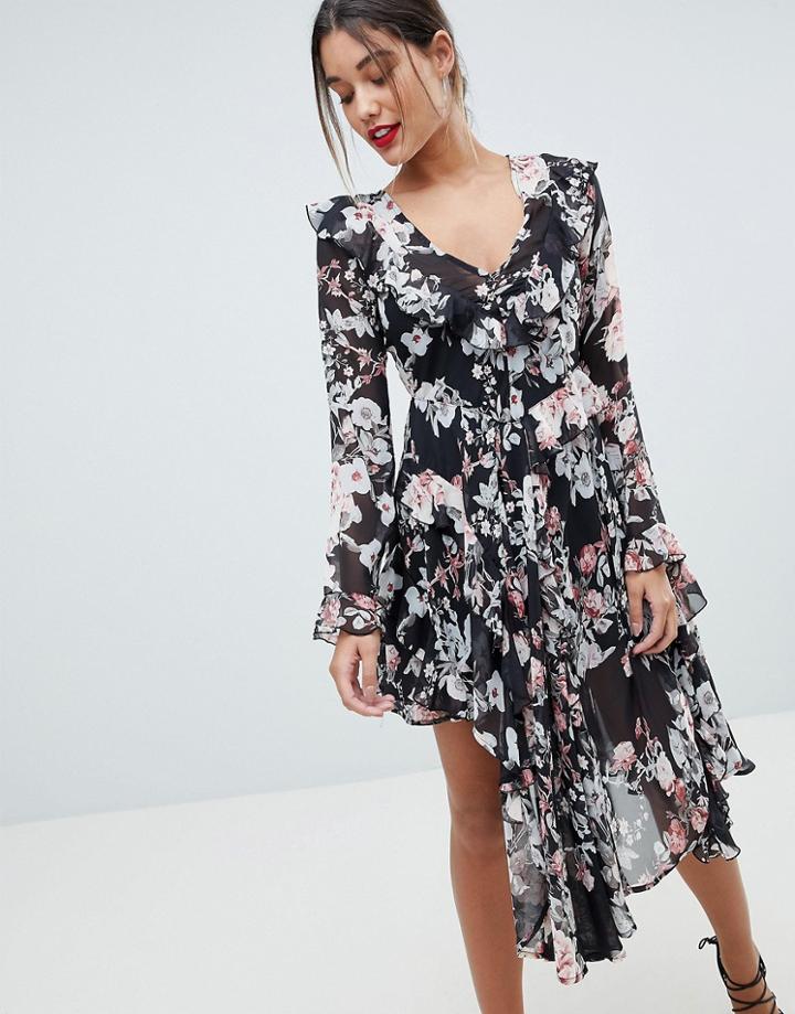 Missguided Floral Asymmetric Midi Dress - Black