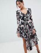 Missguided Floral Asymmetric Midi Dress - Black