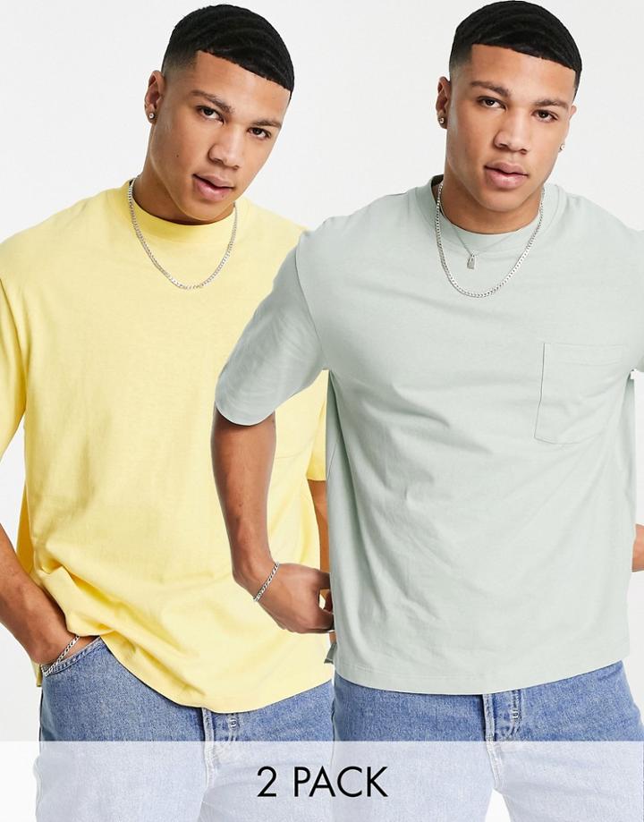 Topman 2 Pack Boxy Fit T-shirt In Green And Yellow-multi