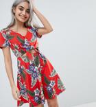Asos Design Petite Skater Sundress With Button Front And Tie Knot In Hawaiian Print - Multi