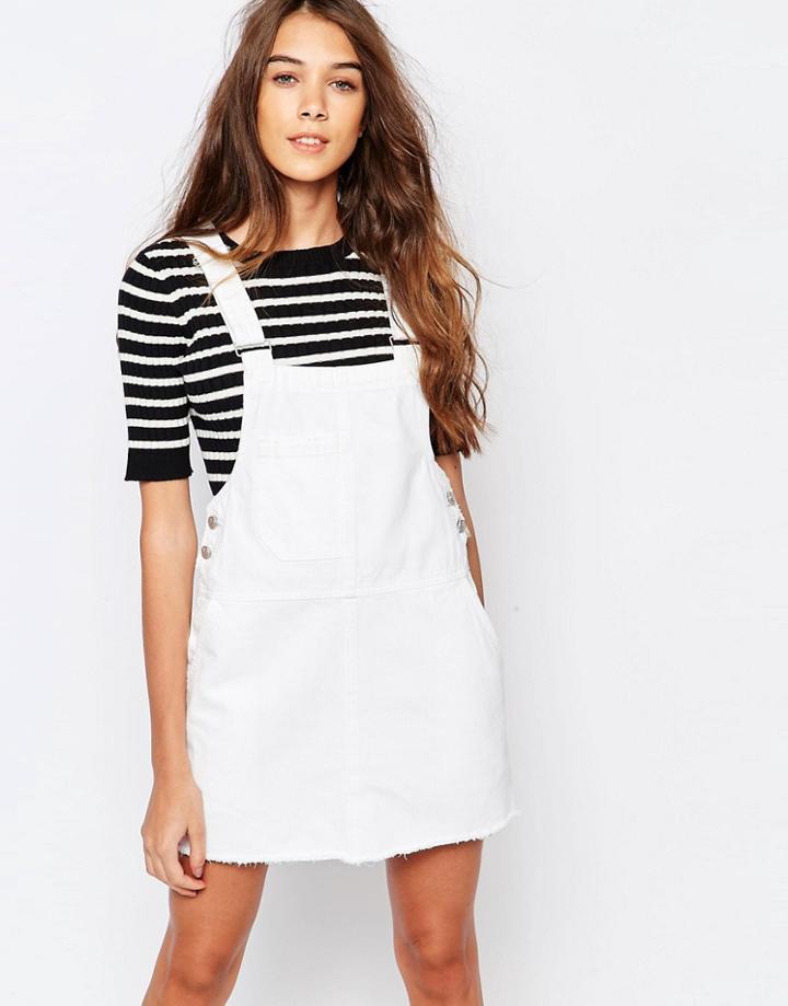 Pull & Bear Denim Pinafore Dress - White