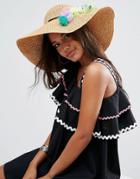 Asos Straw Floppy Hat With Multi Tassel And Pom Trim - Brown
