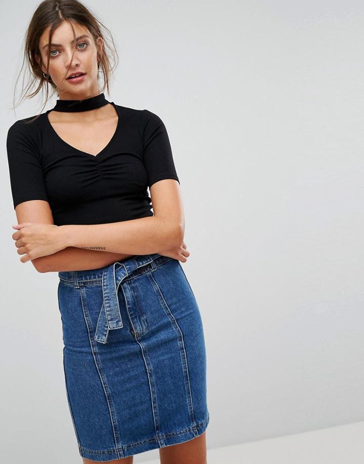 Stradivarius Ruched Front Choker Tee - Black
