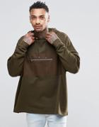 Asos Oversized Longline Hoodie With Woven Pocket In Khaki - Khaki