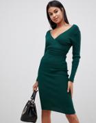 Lipsy Plunge Neck Knitted Midi Dress In Olive Green - Green
