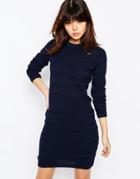 Asos Elasticated Waist Dress In Mixed Stitch - Navy