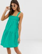 Asos Design Shirred Trapeze Mini Cotton Sundress - Green