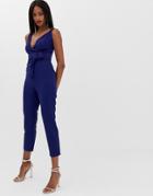 Asos Design Wrap Front Jumpsuit With Peg Leg And Self Belt-navy