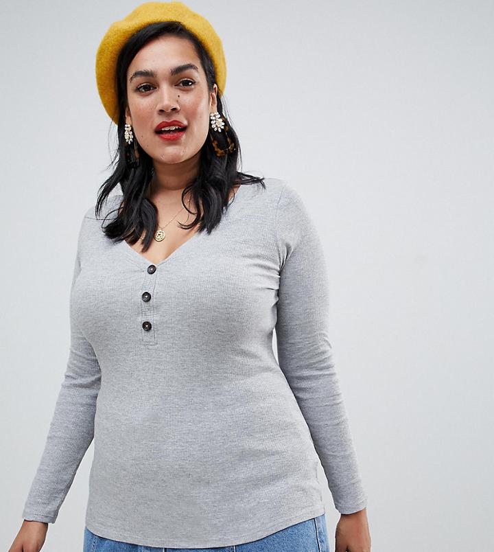 New Look Curve Button Through Ribbed Top In Gray - Gray