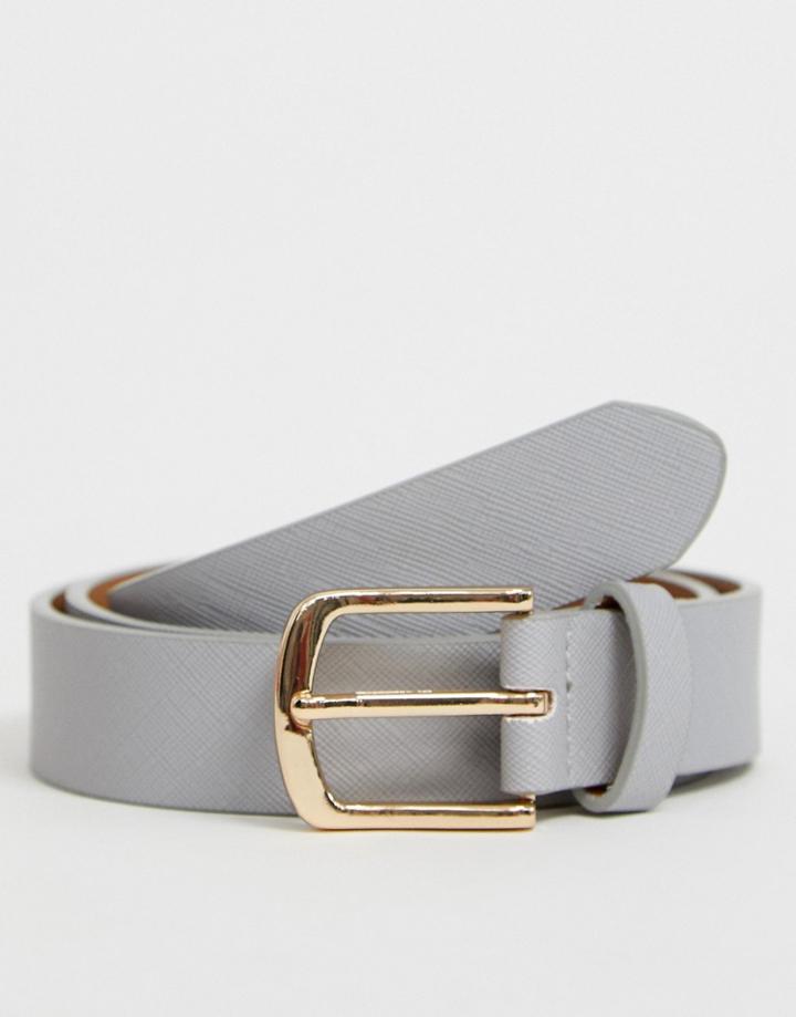 Asos Design Wedding Faux Leather Slim Belt In Gray With Gold Buckle - Gray